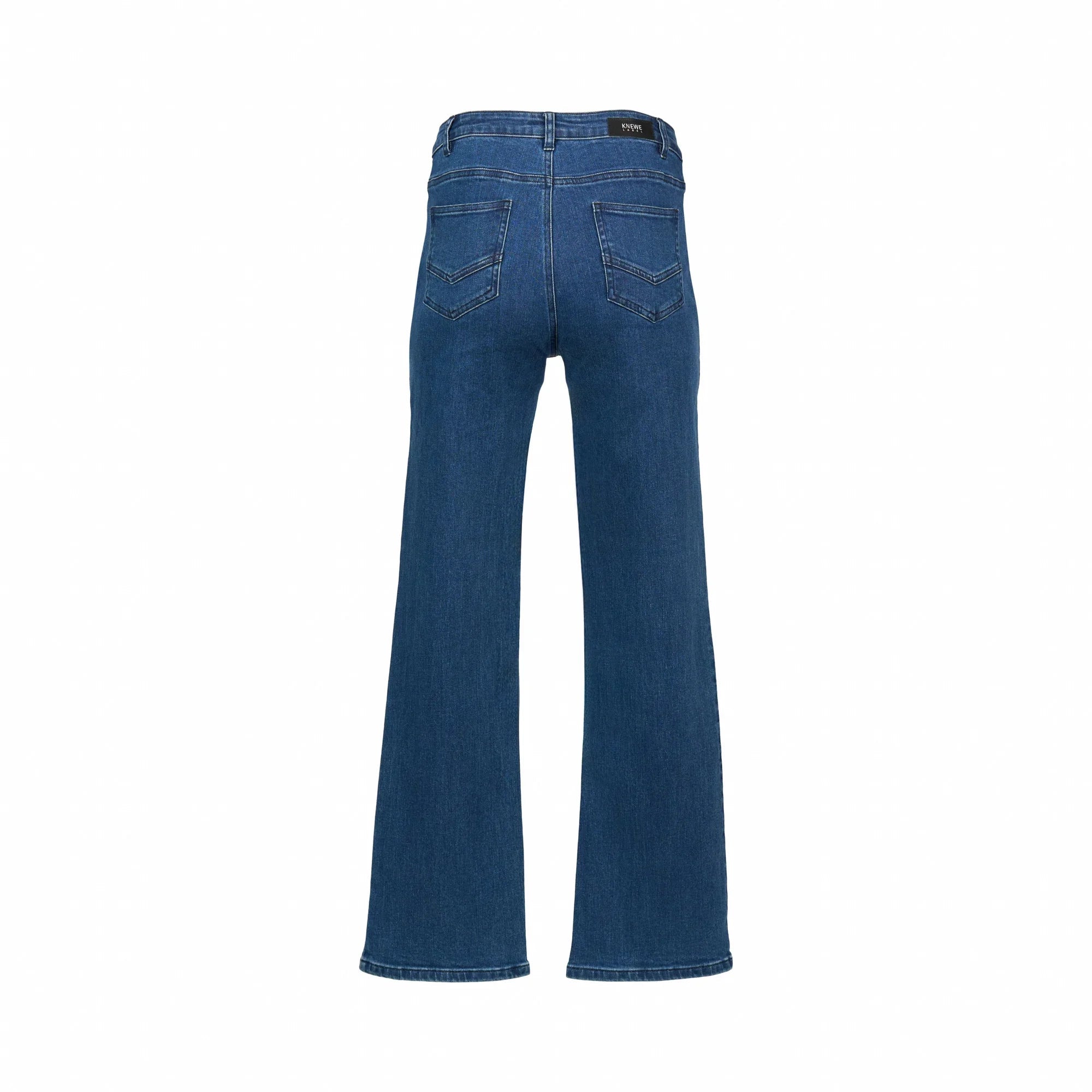Back view of blue wash wide-leg jeans with high waist and pocket stitching