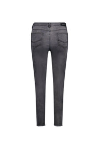 Back view of space grey skinny jeans with two rear pockets and raw hem on white background