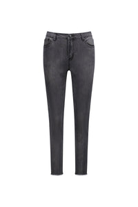 Front view of women's space grey skinny jeans with subtle fading and raw hem