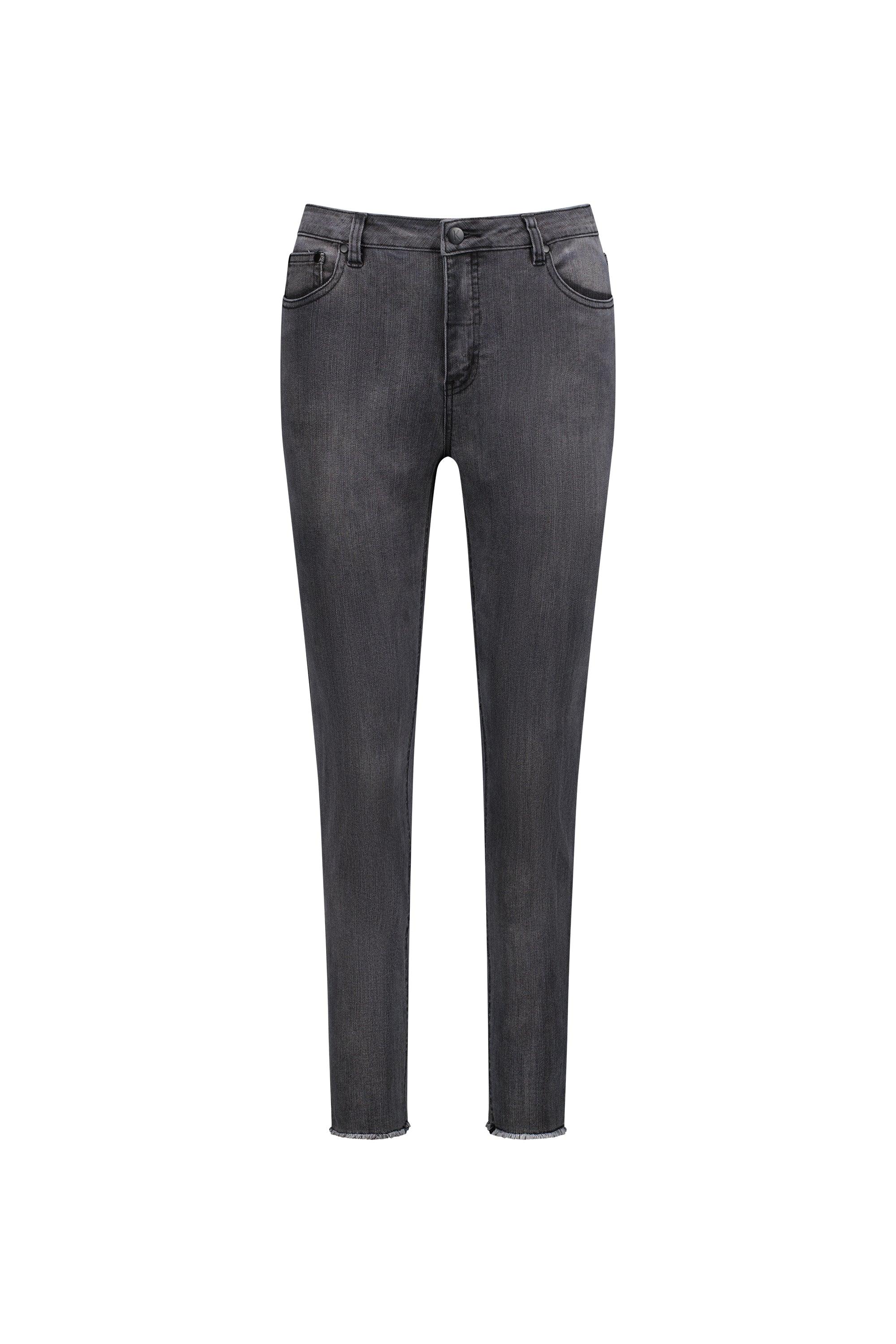 Front view of women's space grey skinny jeans with subtle fading and raw hem