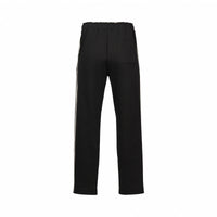 Back view of black straight-leg pants with elastic waistband and rear pocket