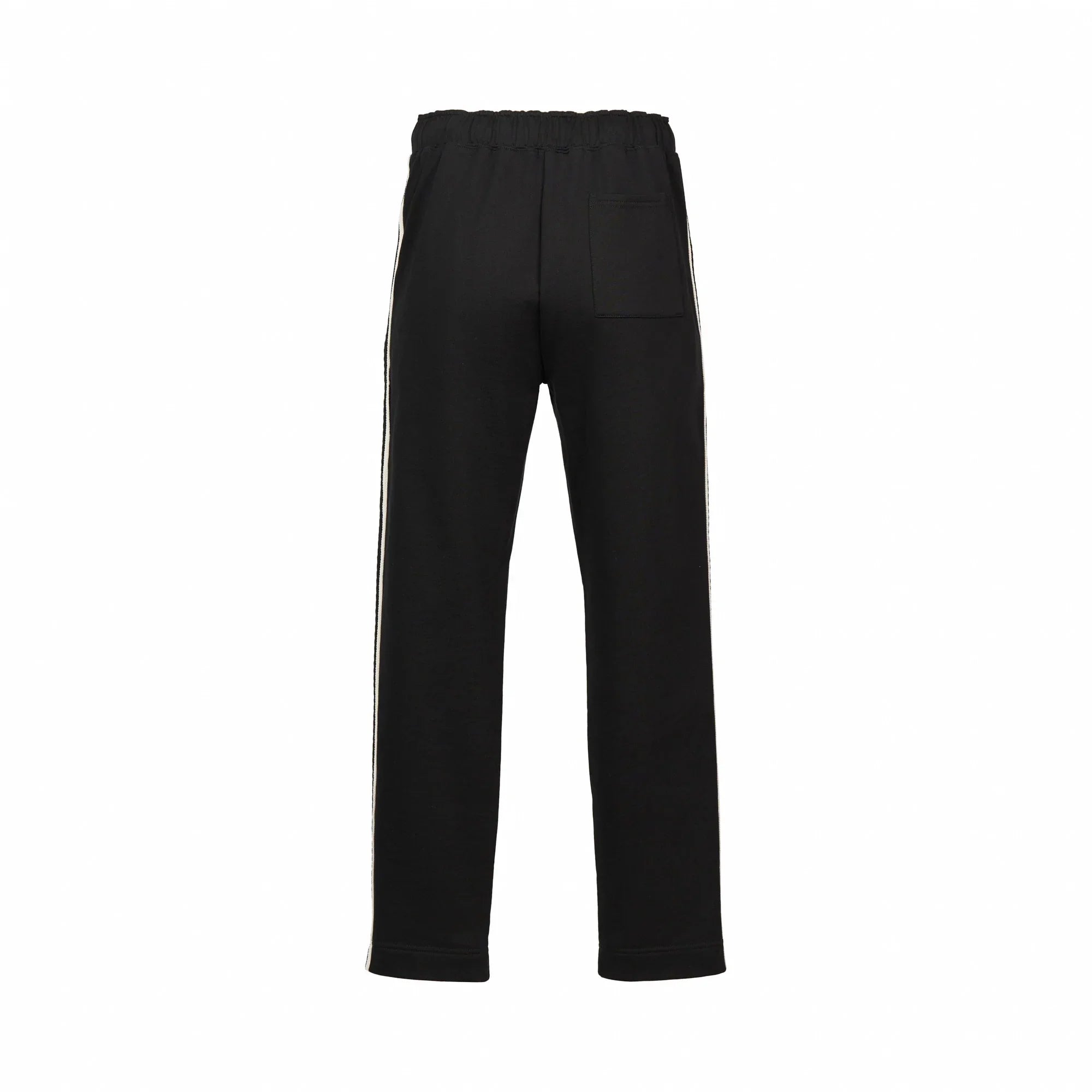 Back view of black straight-leg pants with elastic waistband and rear pocket