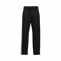 Black straight-leg pants with drawstring waist and sporty side stripes, front view