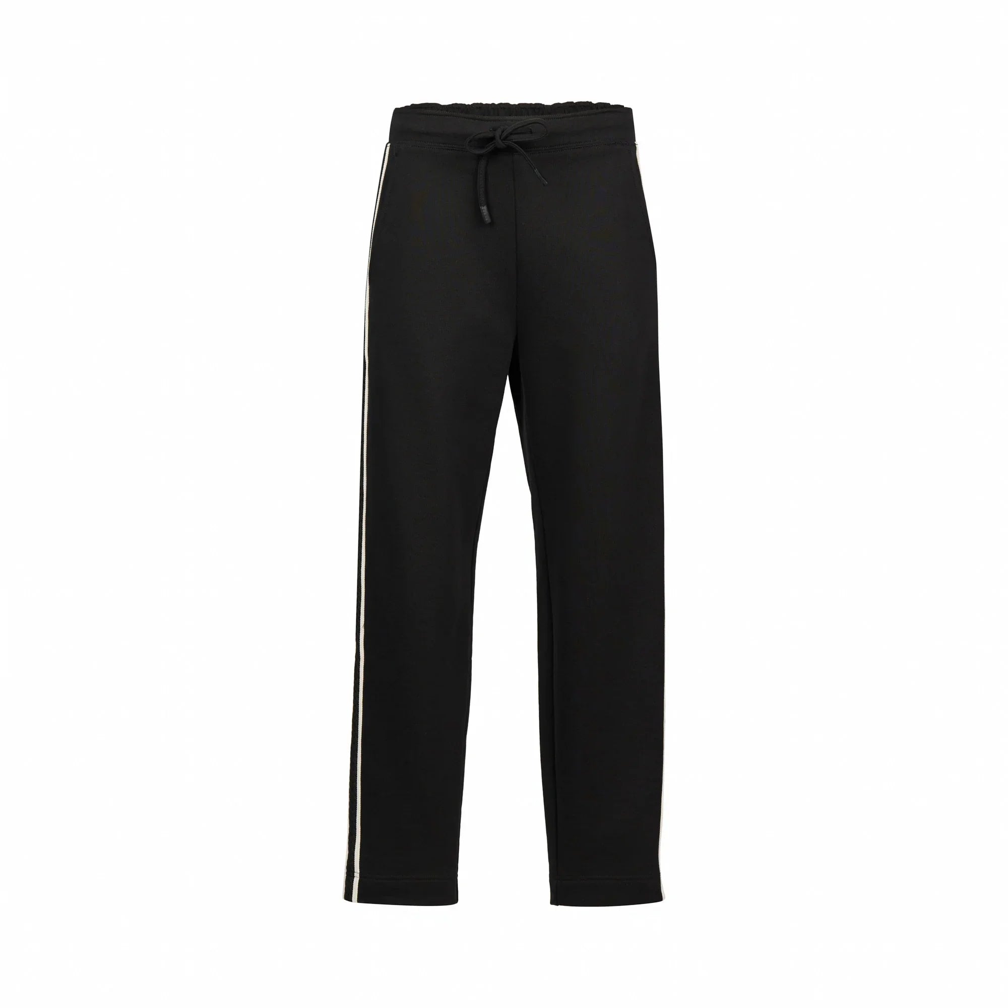 Black straight-leg pants with drawstring waist and sporty side stripes, front view