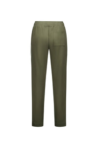 Back view of khaki cotton pants with elastic waistband and single patch pocket