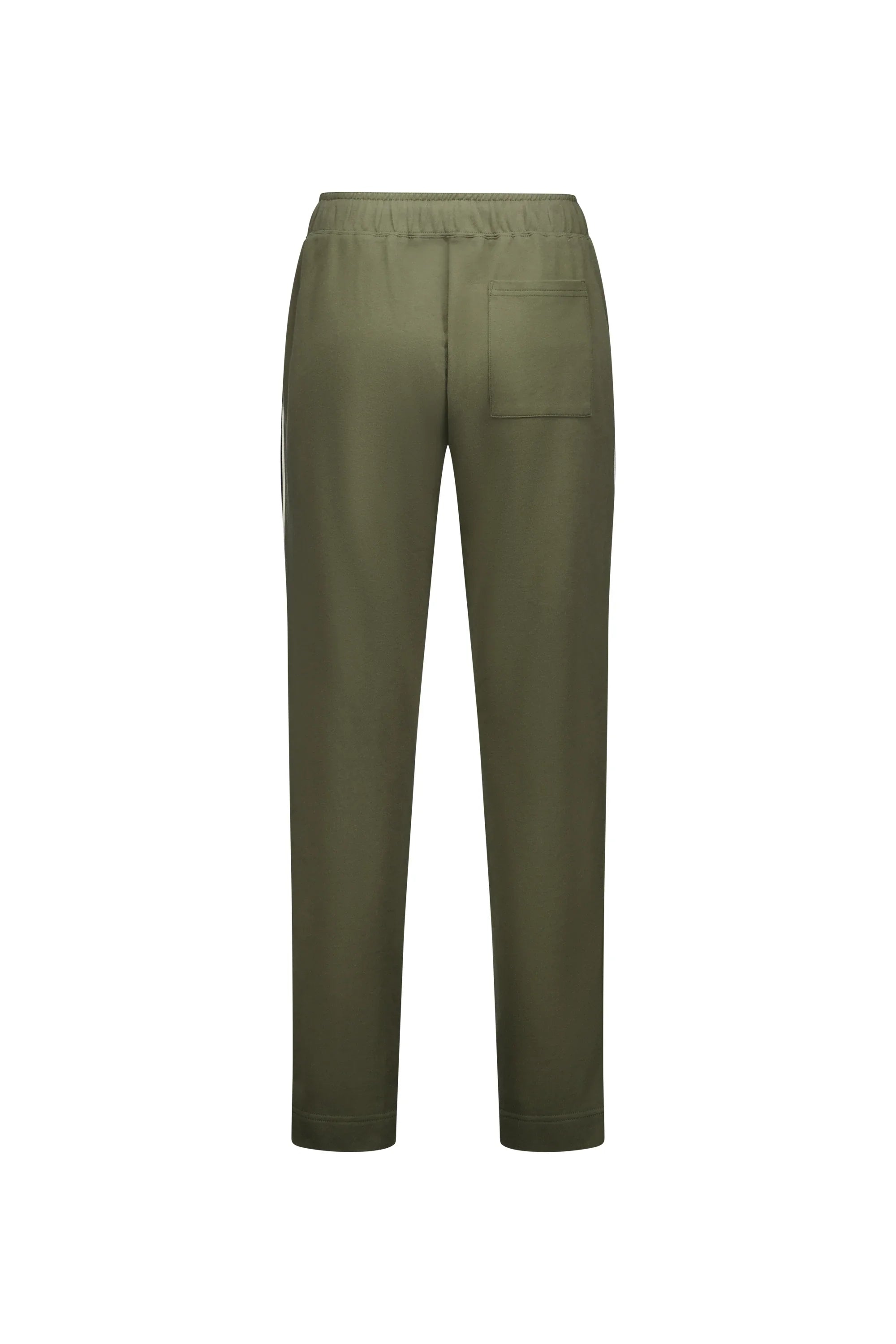 Back view of khaki cotton pants with elastic waistband and single patch pocket