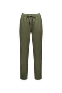 Khaki green women's pants with drawstring waist, straight leg, laid flat on white background