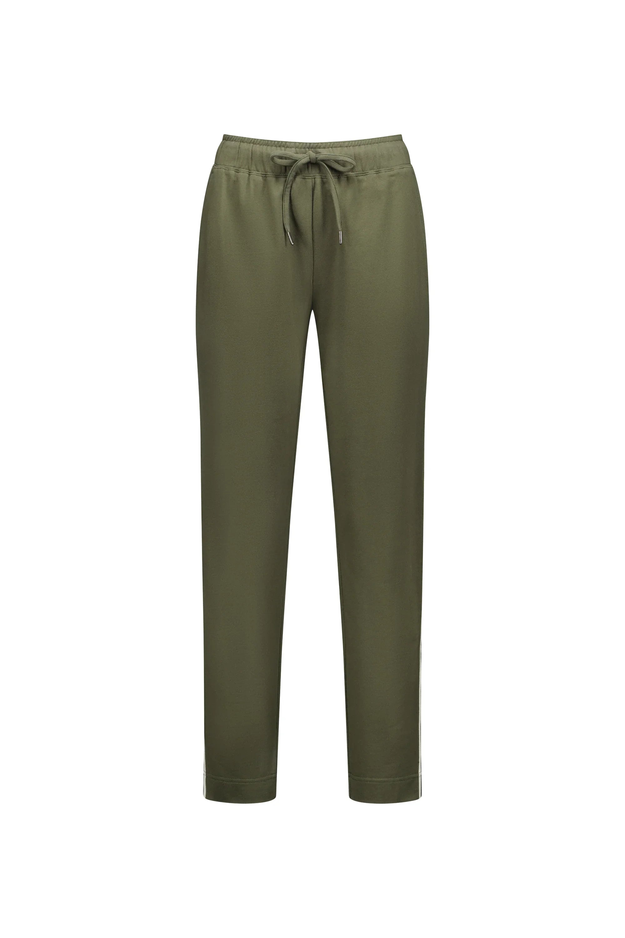 Khaki green women's pants with drawstring waist, straight leg, laid flat on white background