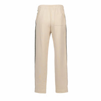 Back view of stone beige relaxed fit pants with black side stripe and single back pocket