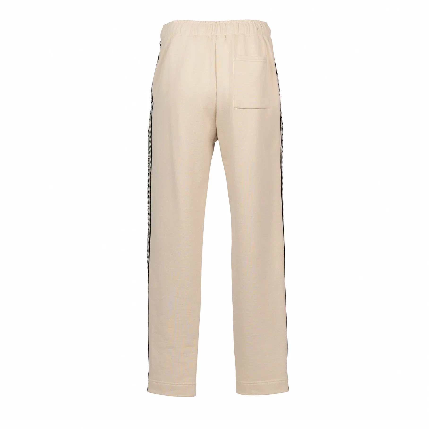 Back view of stone beige relaxed fit pants with black side stripe and single back pocket