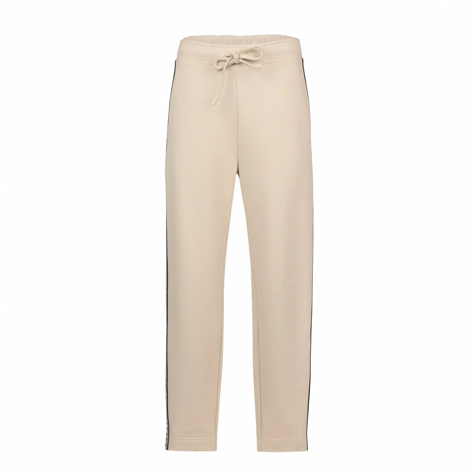 Women's stone beige drawstring pants with side stripe detail, front view, on white background