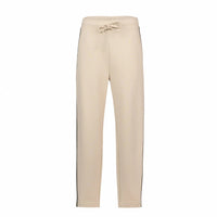 Women's stone beige drawstring pants with side stripe detail, front view, on white background