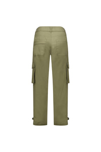Back view of khaki cargo pants with flap pockets and straight legs