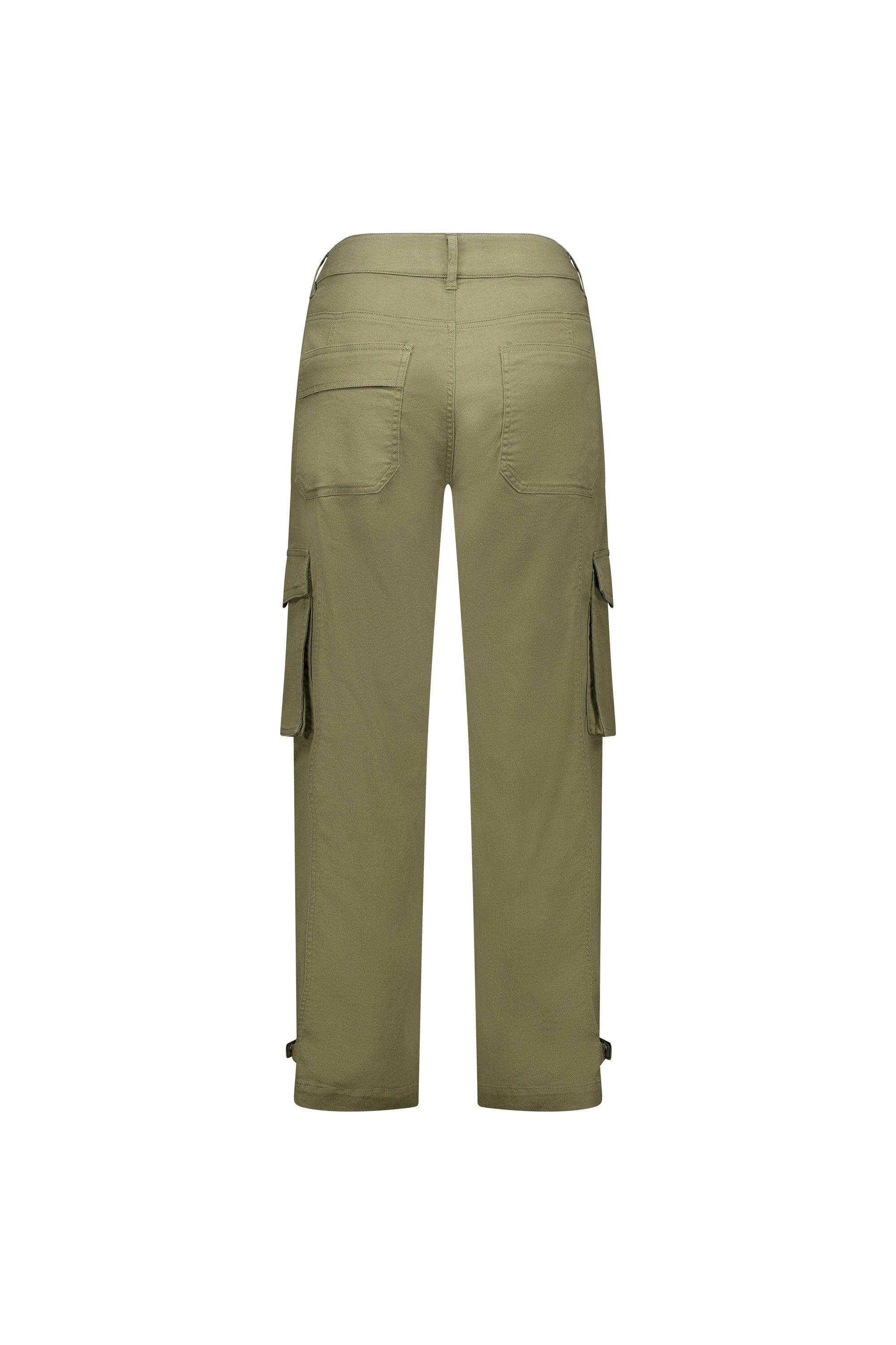 Back view of khaki cargo pants with flap pockets and straight legs