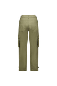 Back view of khaki cargo pants with flap pockets and relaxed fit, on white background