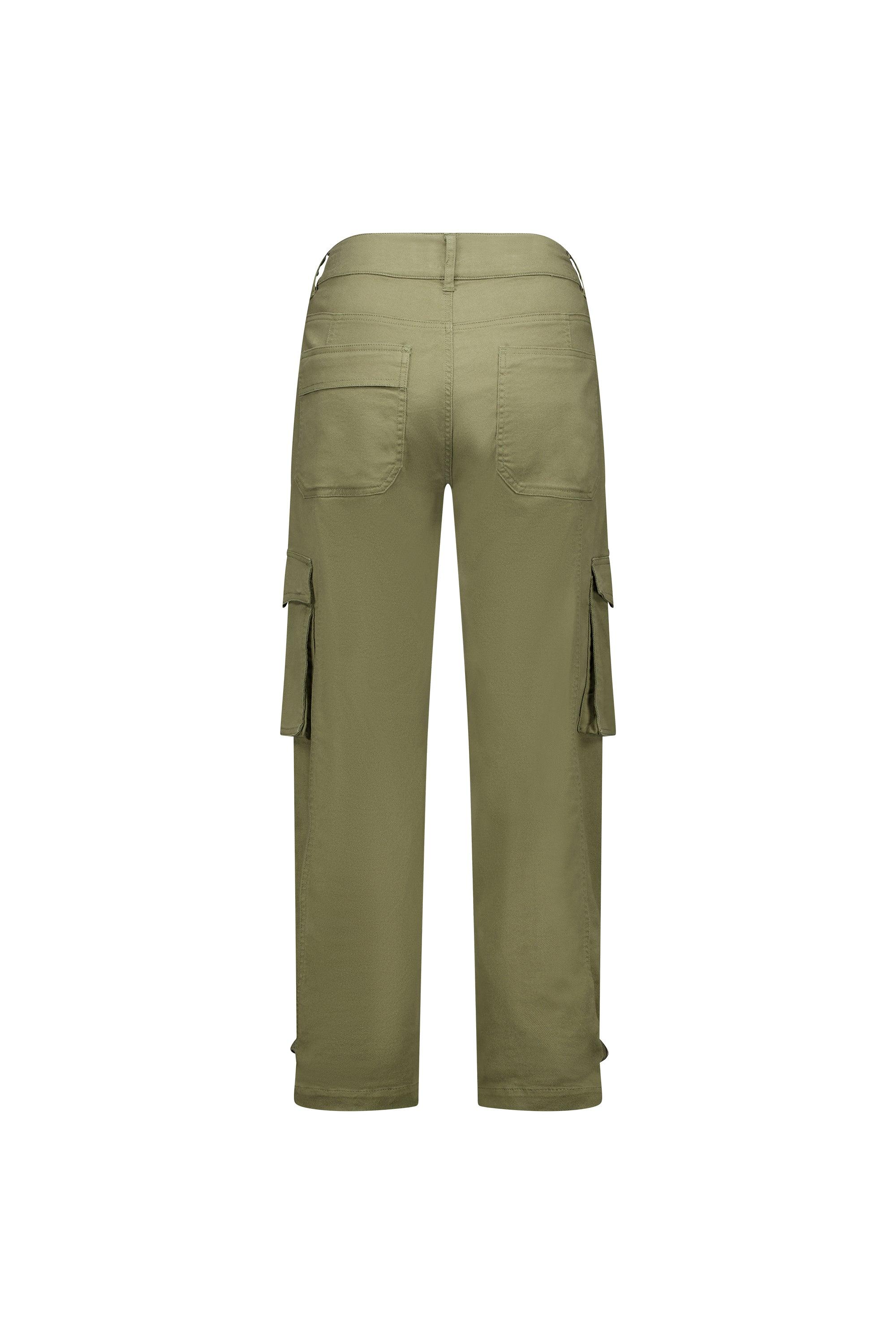 Back view of khaki cargo pants with flap pockets and relaxed fit, on white background