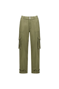 Khaki cargo pants with side pockets, front buttons, and relaxed straight-leg fit