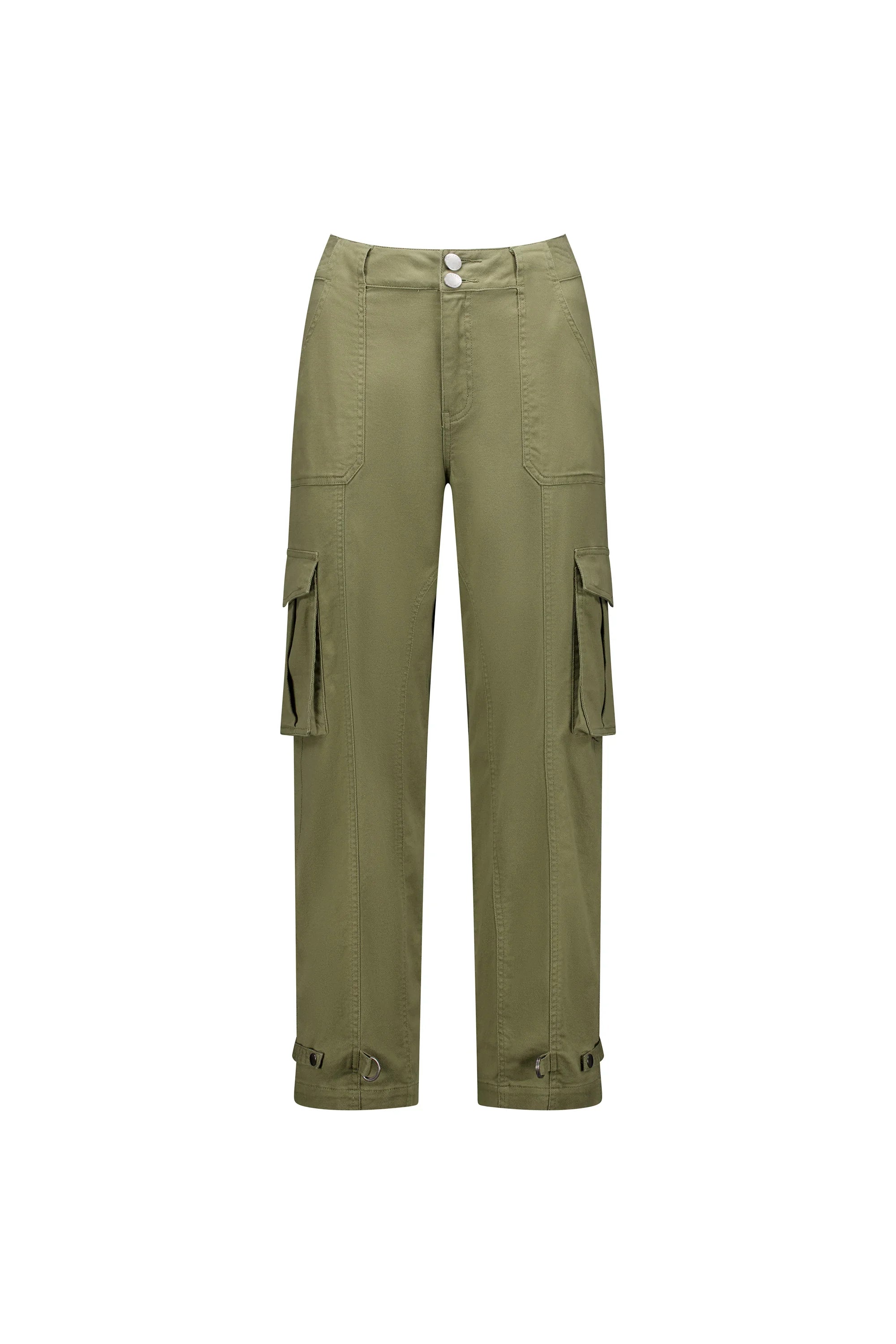 Khaki cargo pants with side pockets, front buttons, and relaxed straight-leg fit