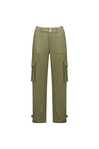 Front view of khaki cargo pants with flap pockets and double button waist, isolated on white