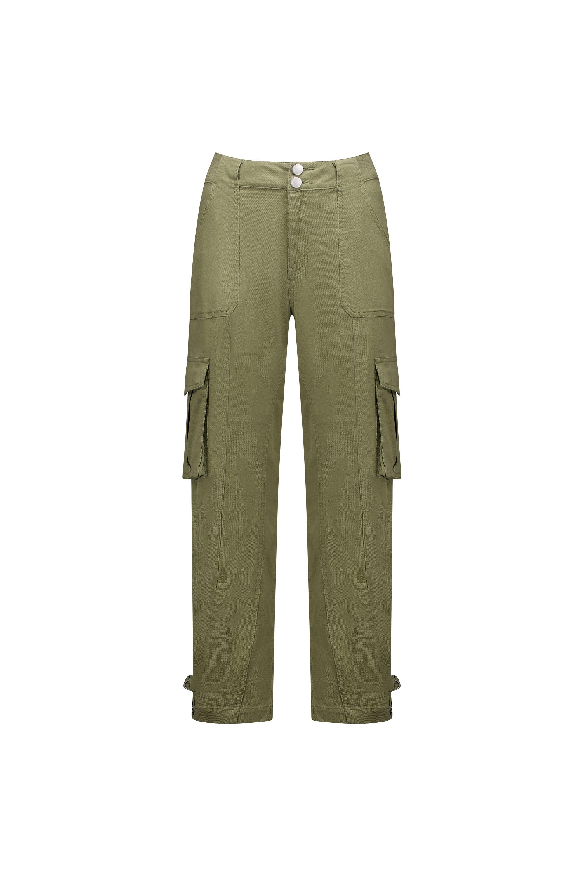 Front view of khaki cargo pants with flap pockets and double button waist, isolated on white