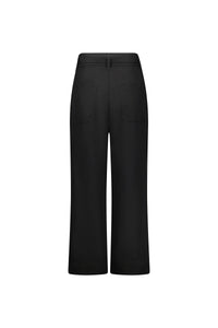 Back view of black wide-leg cropped pants with patch pockets and belt loops