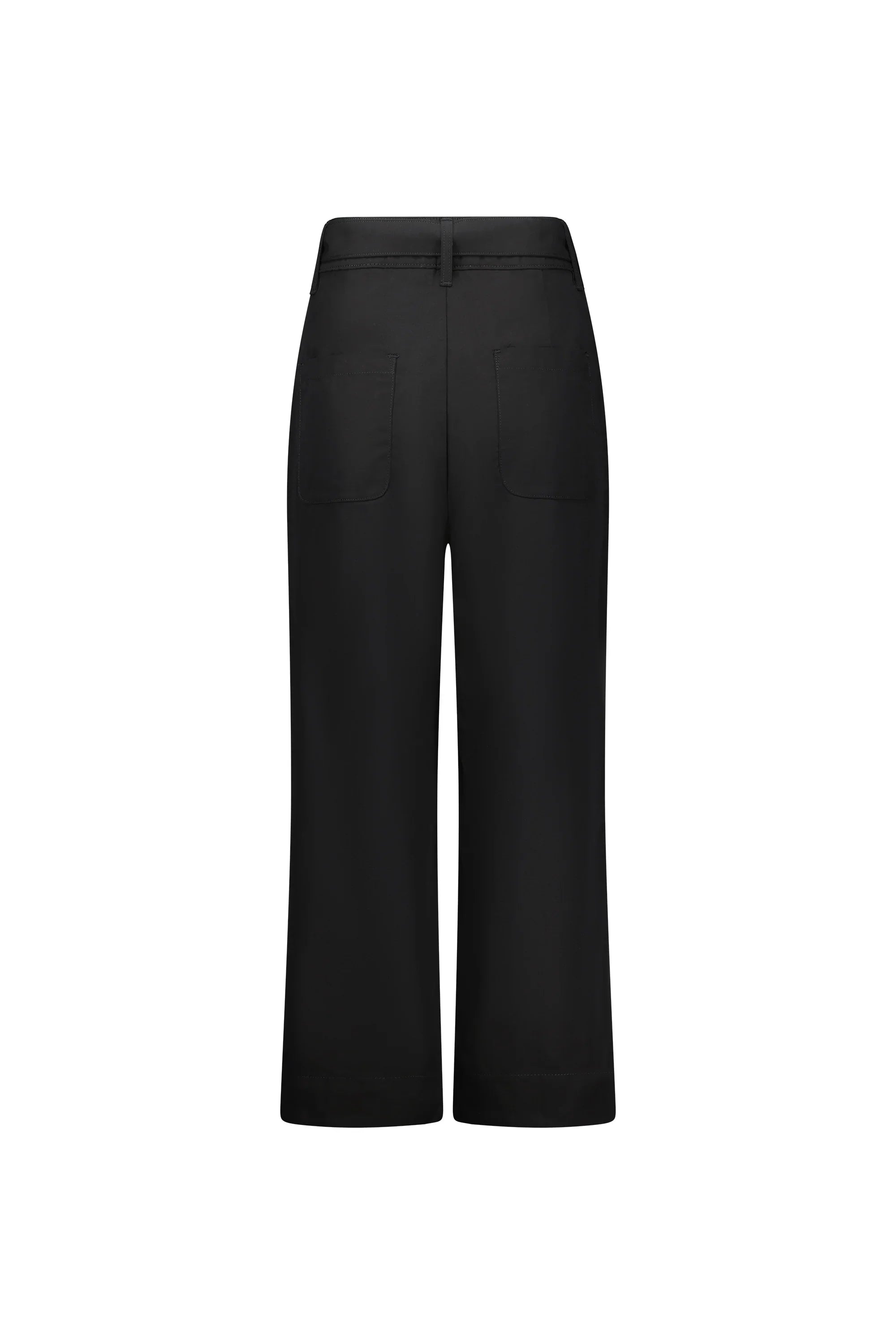 Back view of black wide-leg cropped pants with patch pockets and belt loops