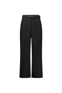 Women's black wide-leg pants with high waist and front belt detail, front view