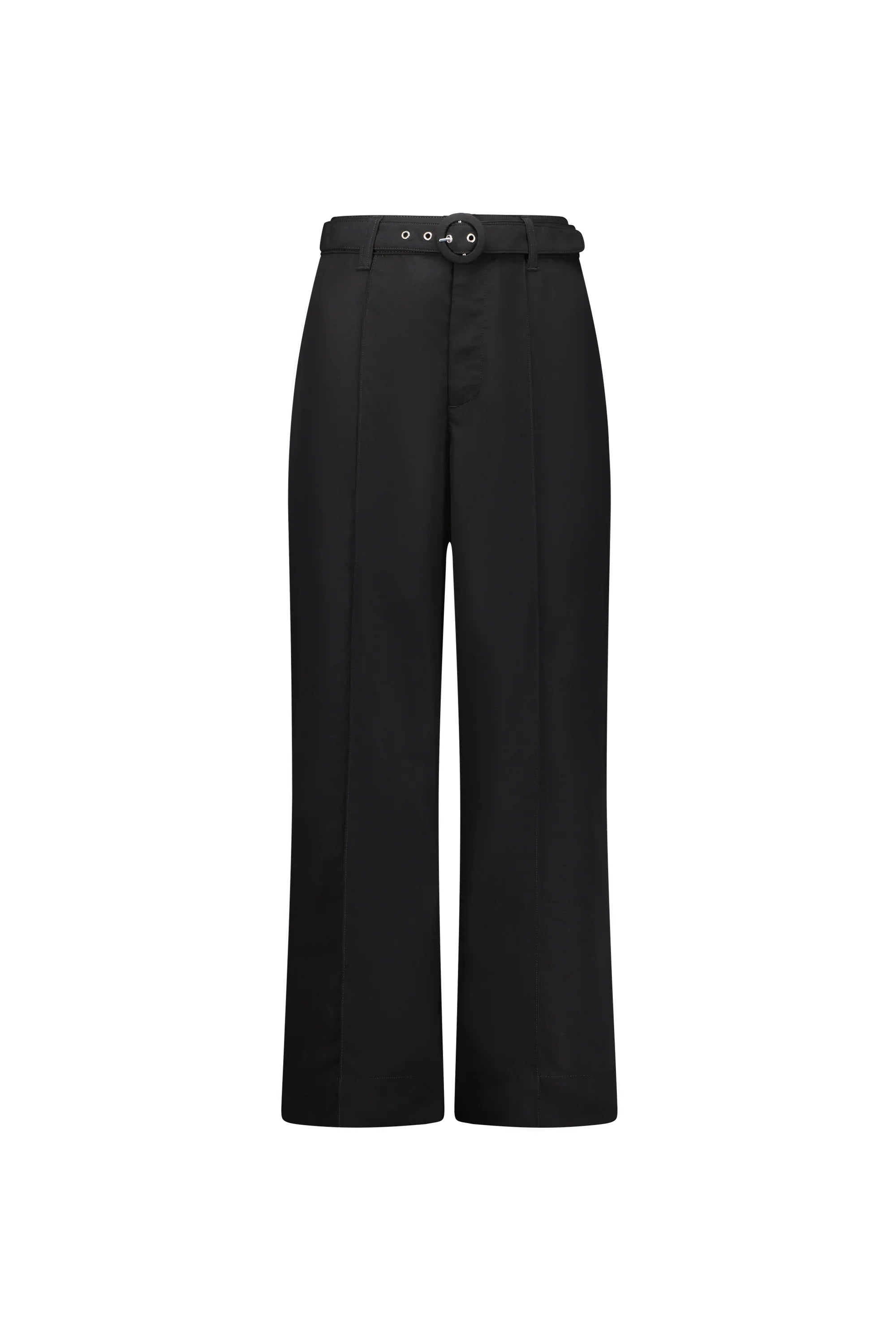 Women's black wide-leg pants with high waist and front belt detail, front view