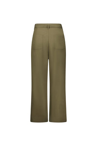 Back view of khaki wide-leg pants with patch pockets on white background