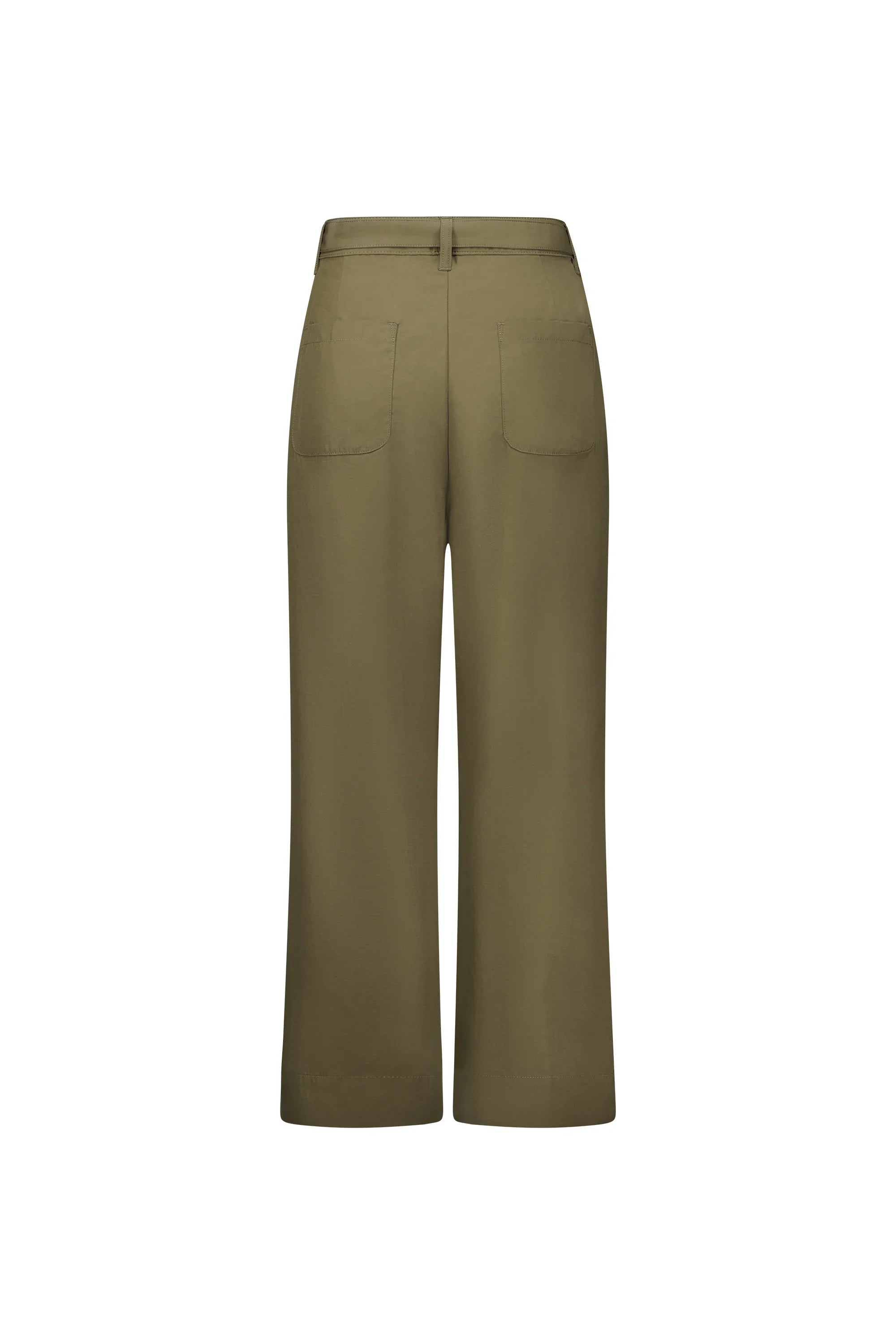 Back view of khaki wide-leg pants with patch pockets on white background