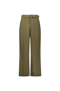 Front view of khaki wide leg pants with a matching belt and high waist, isolated on white