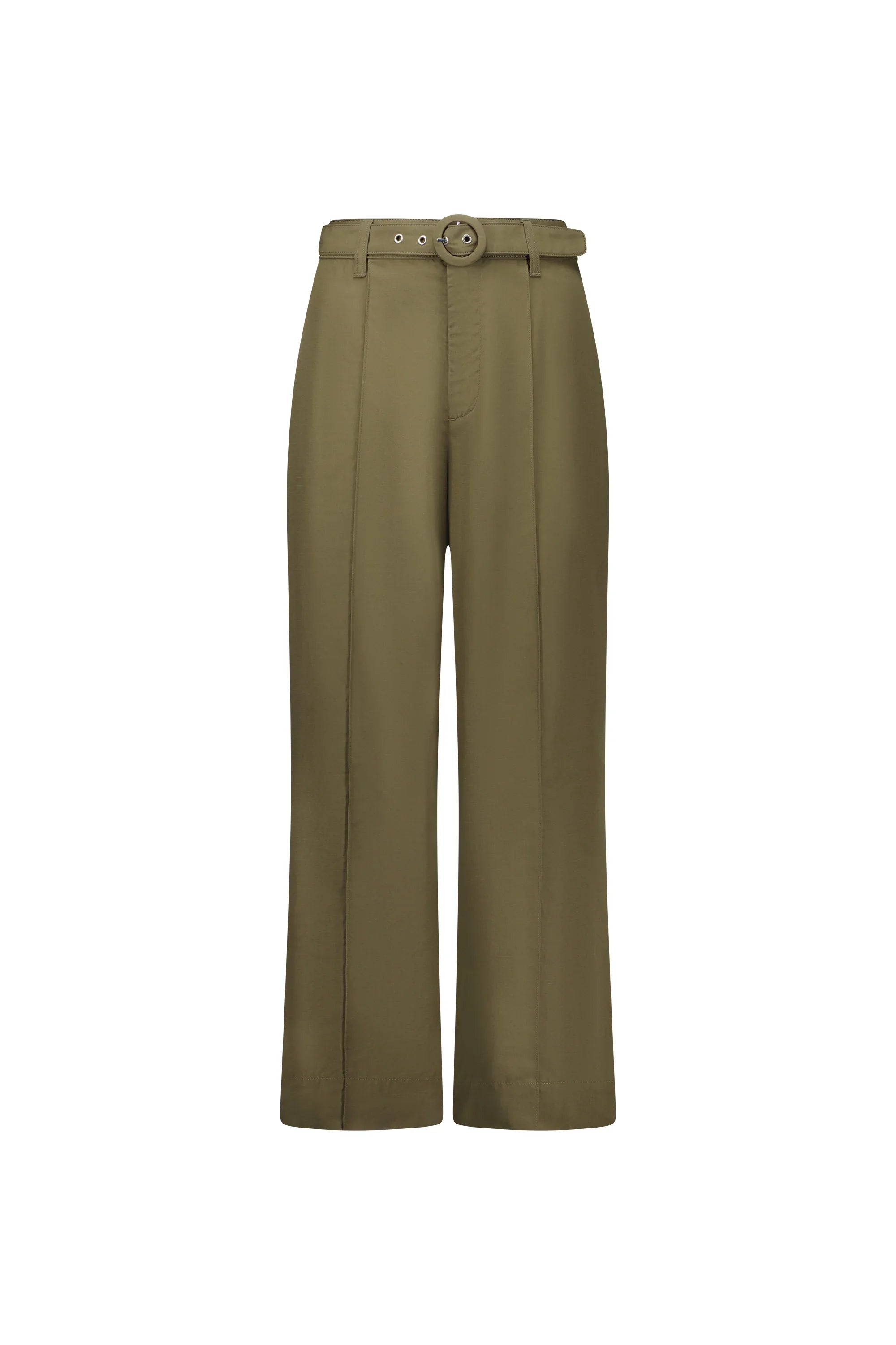 Front view of khaki wide leg pants with a matching belt and high waist, isolated on white