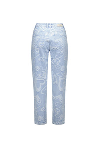 Light blue denim jeans with heart pattern, straight leg, back view on white background