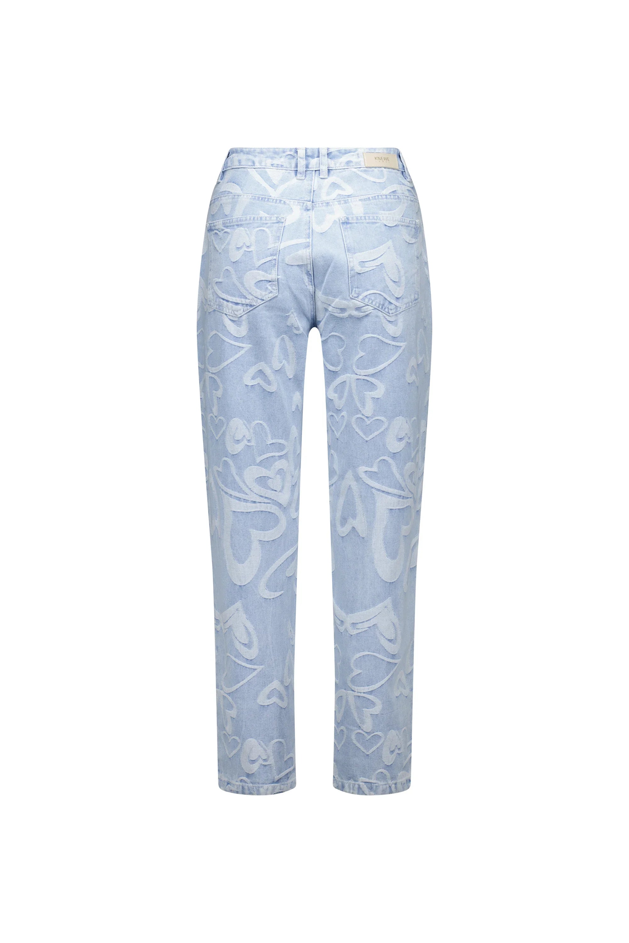 Light blue denim jeans with heart pattern, straight leg, back view on white background