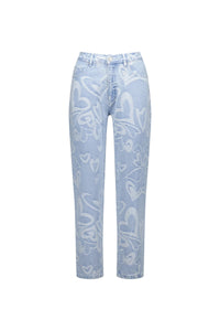Light blue straight leg jeans with white heart pattern and five-pocket style on white background