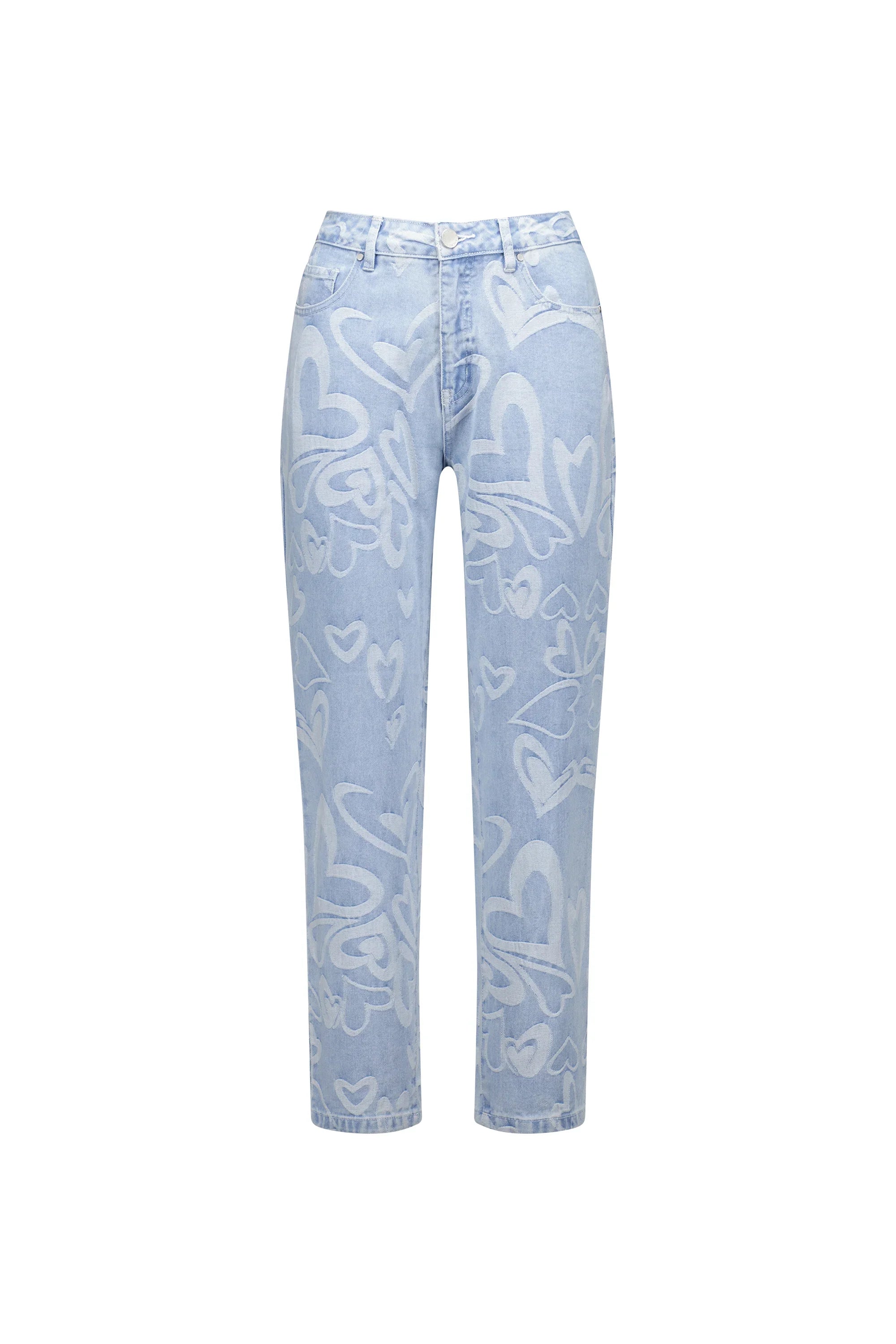 Light blue straight leg jeans with white heart pattern and five-pocket style on white background