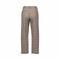 Back view of high-waisted straight-leg checked pants in brown and beige on white background