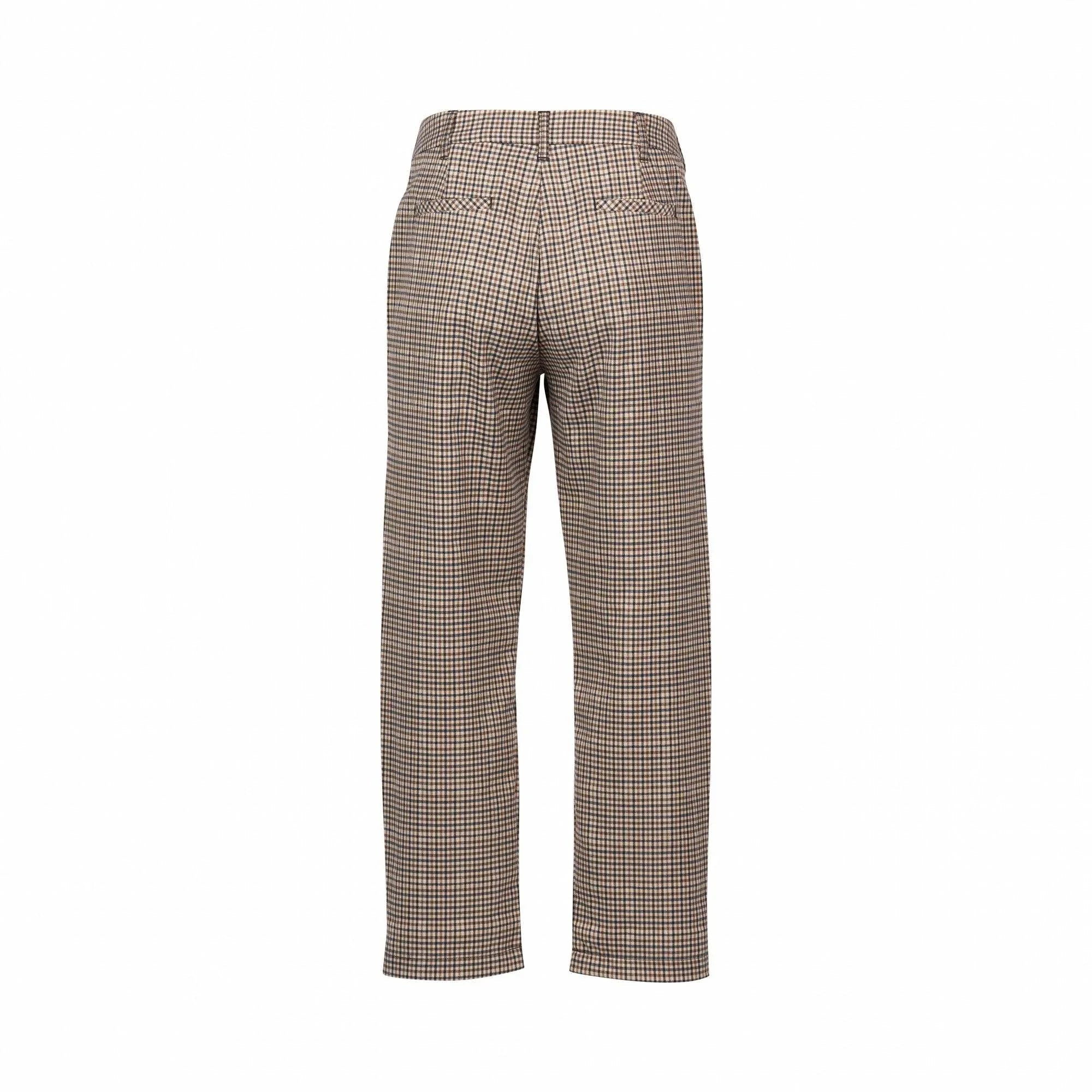 Back view of high-waisted straight-leg checked pants in brown and beige on white background