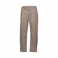 Front view of brown check patterned straight-leg tailored pants on white background