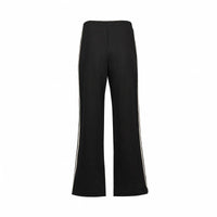 Back view of black wide leg pants with contrast side stripes on white background