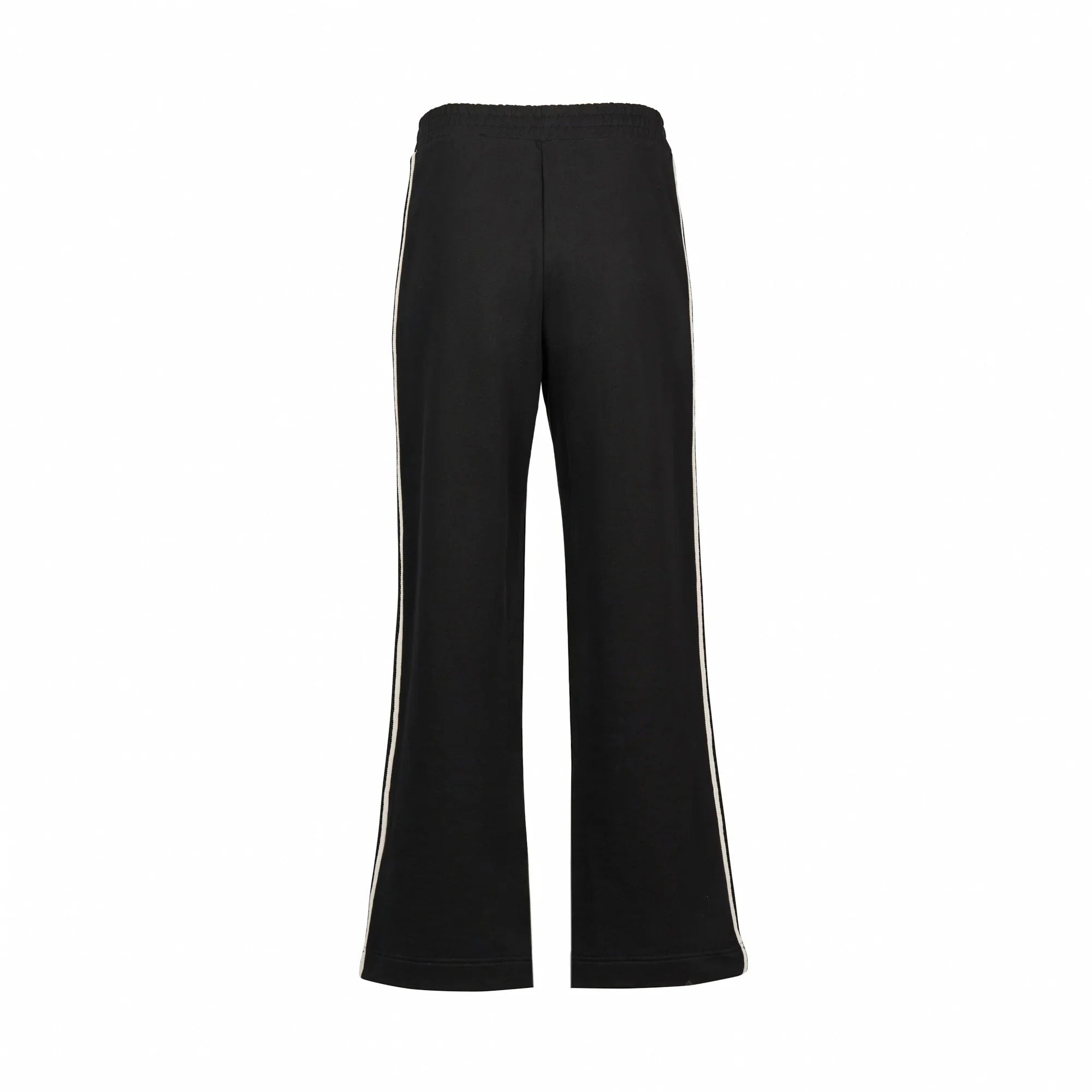 Back view of black wide leg pants with contrast side stripes on white background