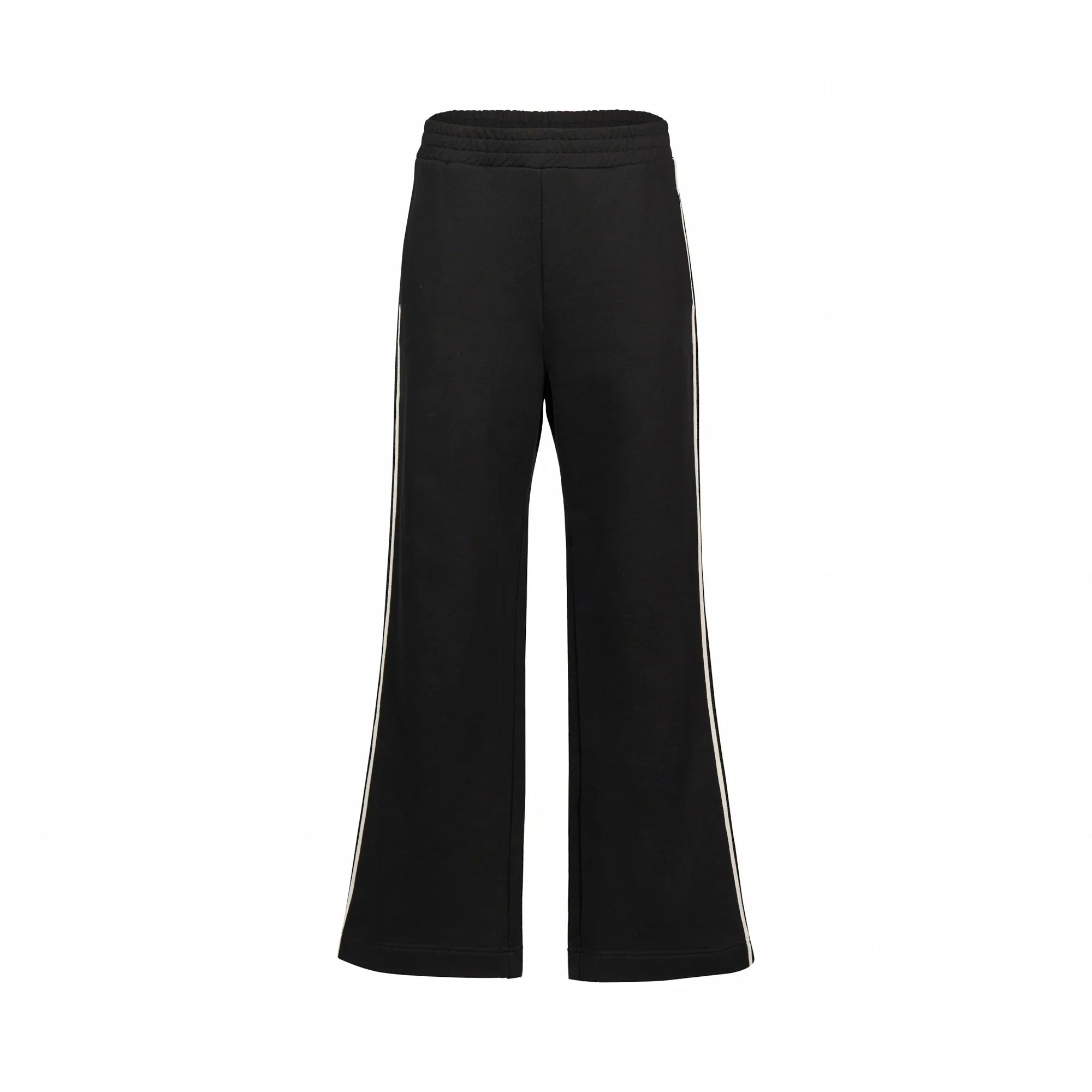 Black wide leg pants with white side stripes and elastic waistband on white background