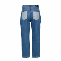 Back view of blue denim straight leg jeans with contrast pockets on white background