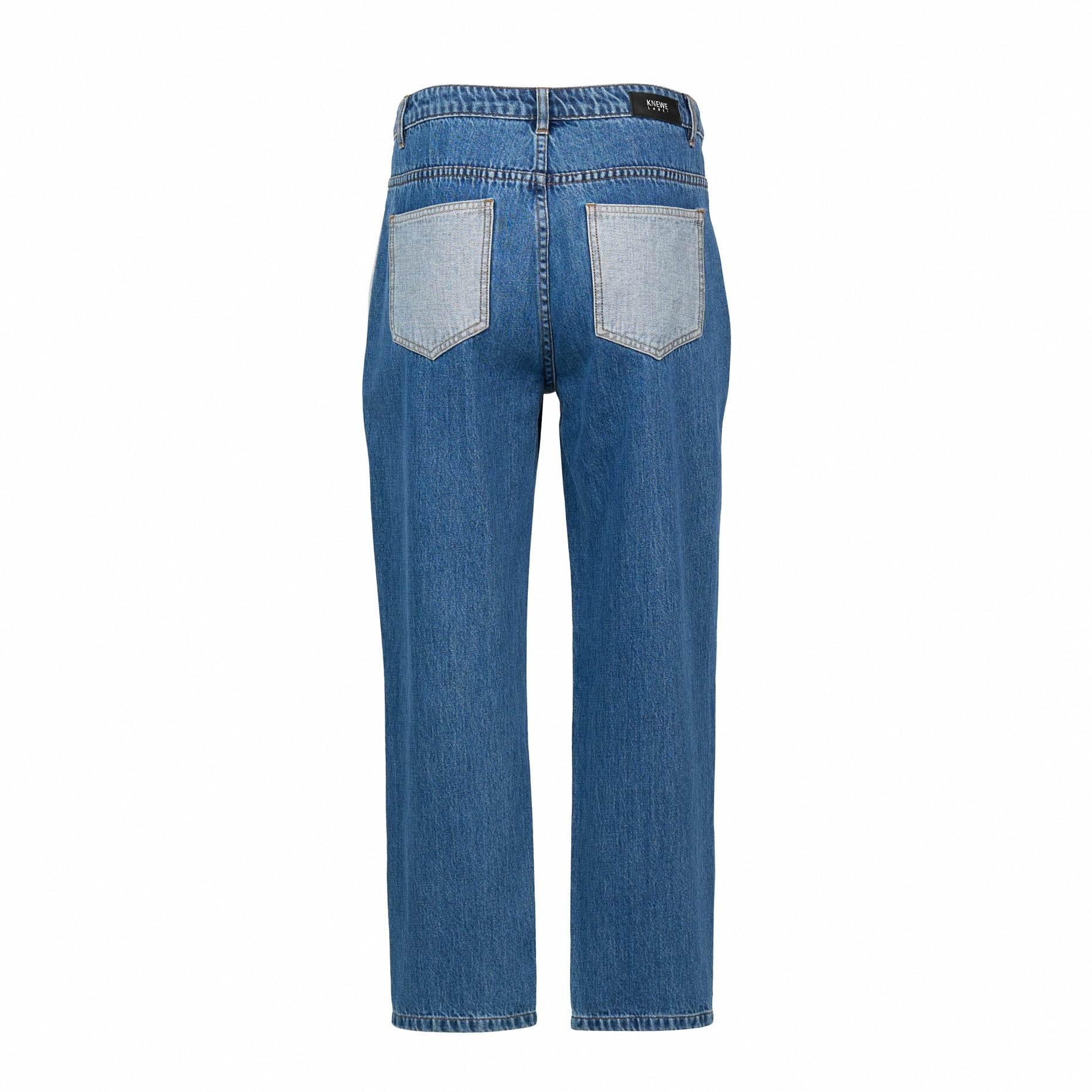 Back view of blue denim straight leg jeans with contrast pockets on white background
