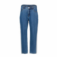 Straight leg blue denim jeans with high waist and white side stripe detail on white background