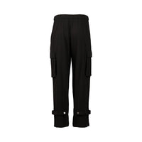 Black cargo pants with flap pockets and buttoned cuffs, back view on white background