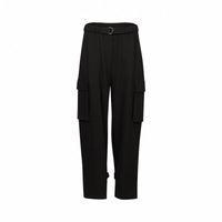 Black cargo pants with belt, front view, featuring large side pockets and straight leg fit