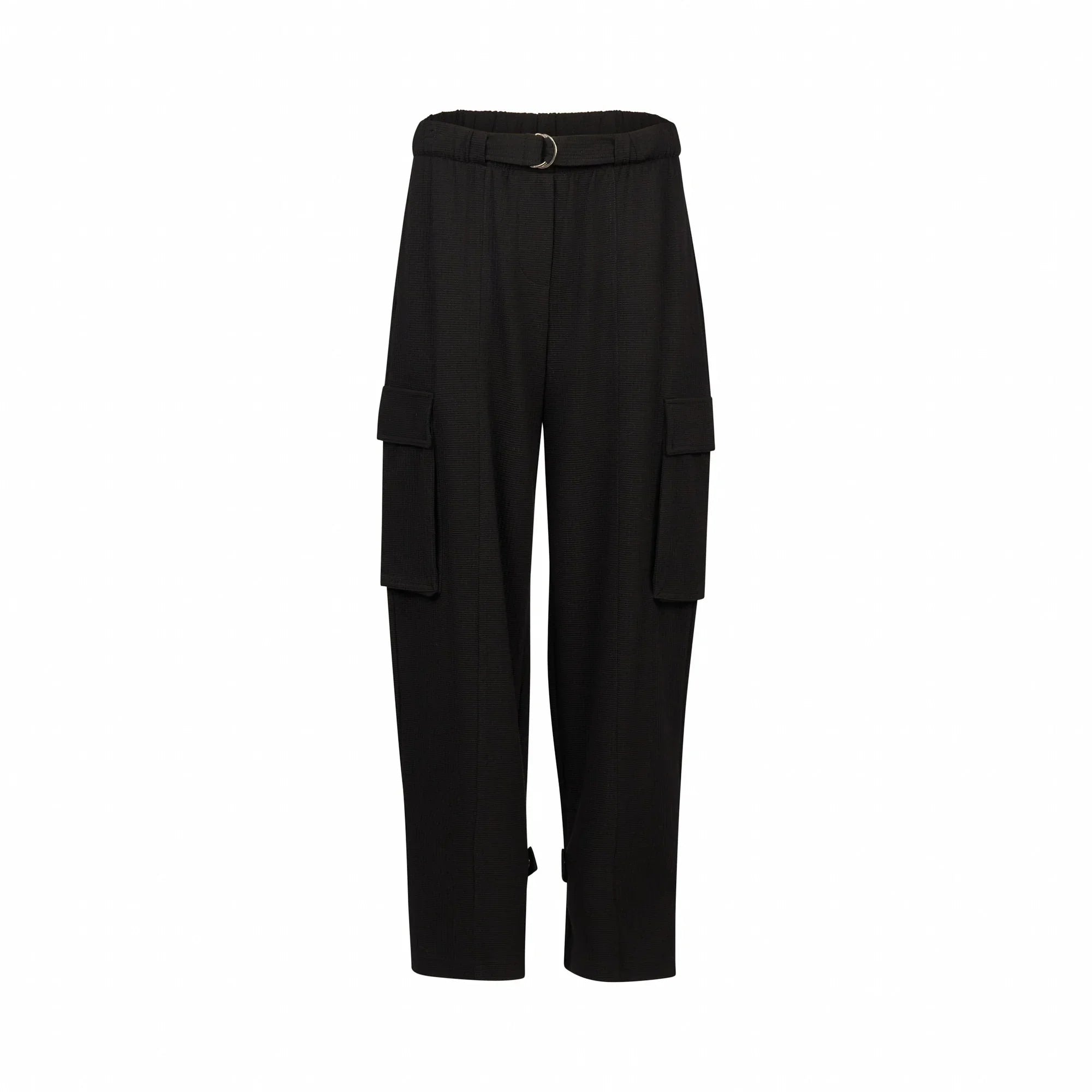 Black cargo pants with belt, front view, featuring large side pockets and straight leg fit