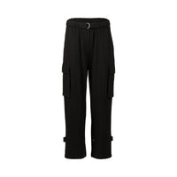 Black cargo pants with side pockets and a D-ring belt, displayed on white background