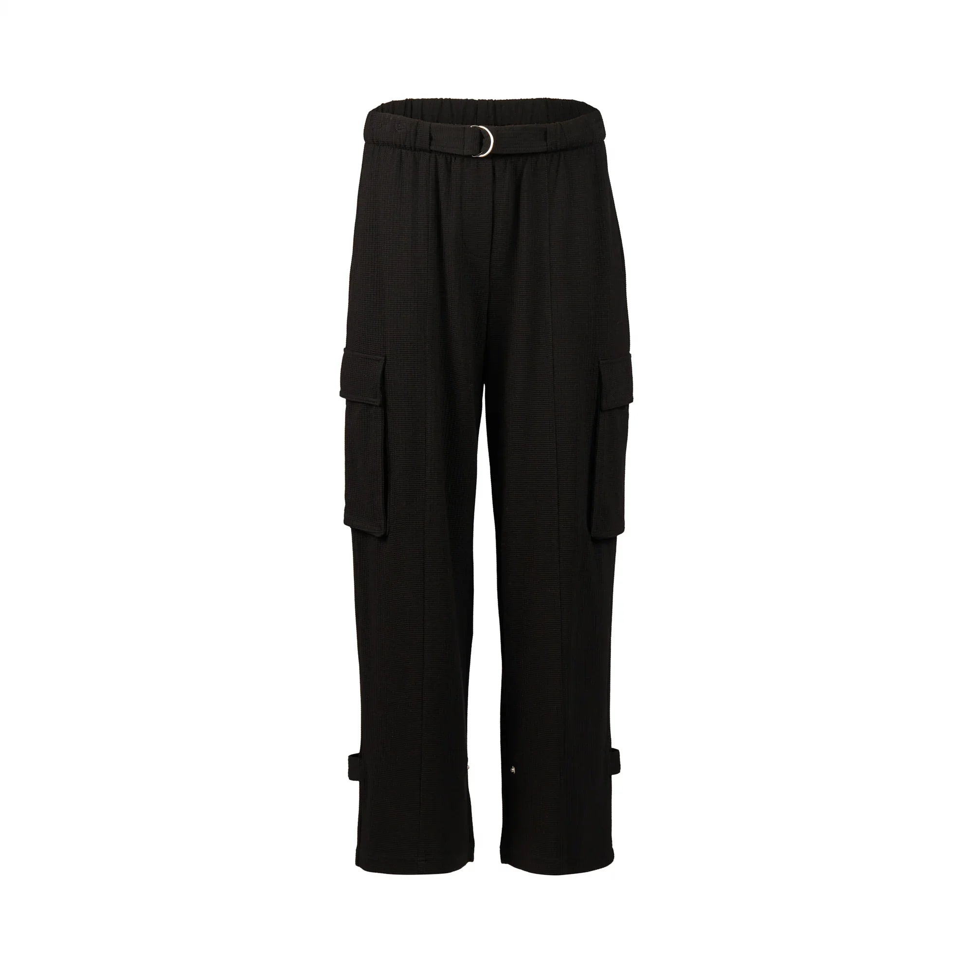 Black cargo pants with side pockets and a D-ring belt, displayed on white background